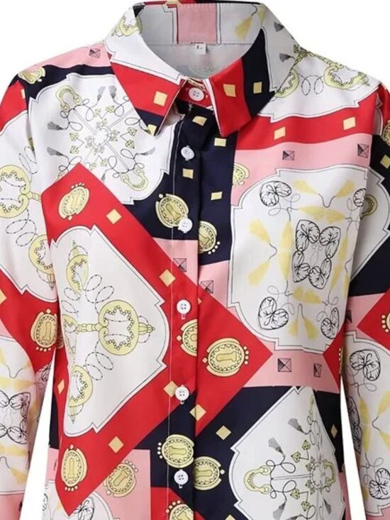 Baroque Chain Links V-neck Button Long Sleeve Loose Fall Blouse - Picture 6 of 7